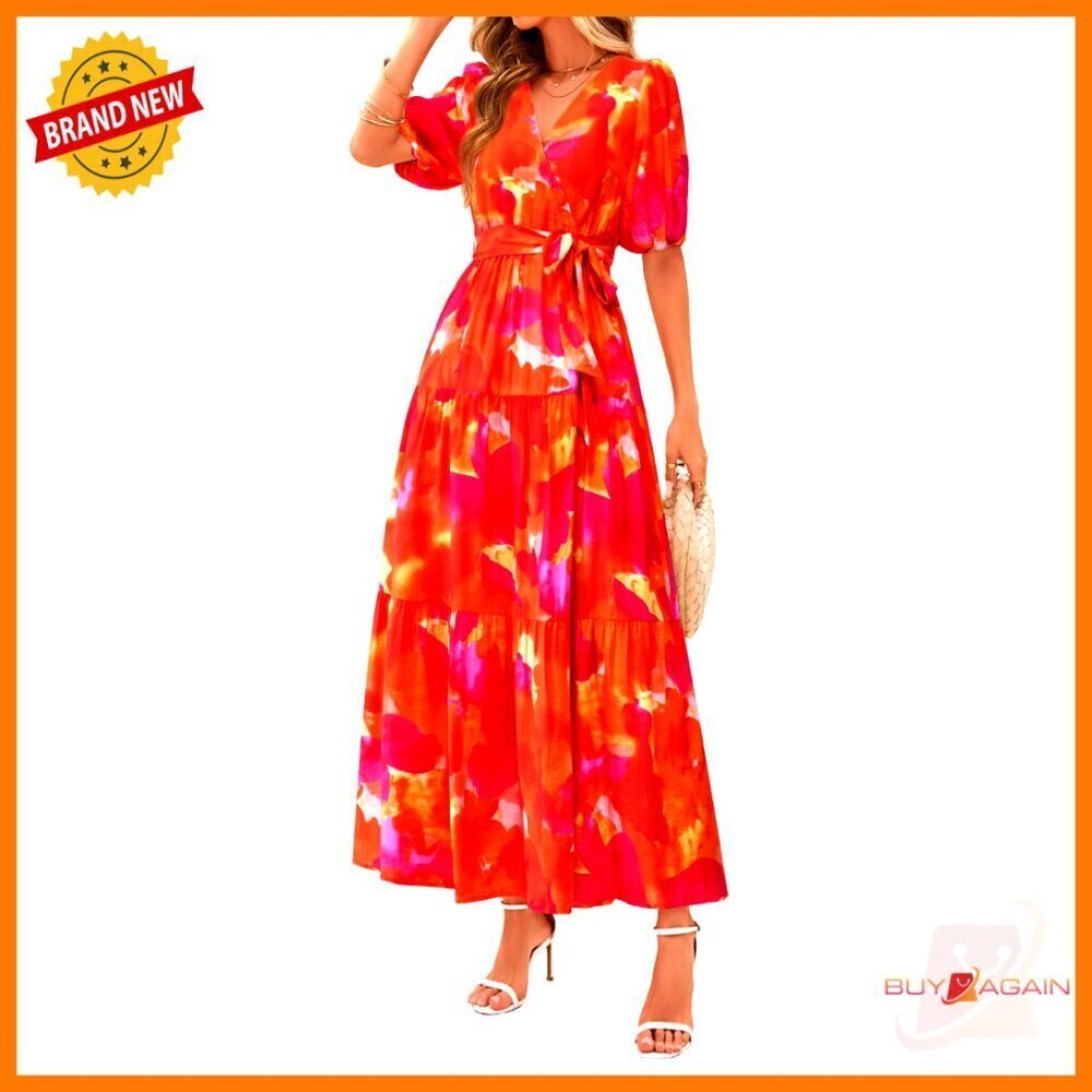 Boho Floral Maxi Dress Puff Sleeves V Neck Ruffle Tiered Beach Resort Wear
